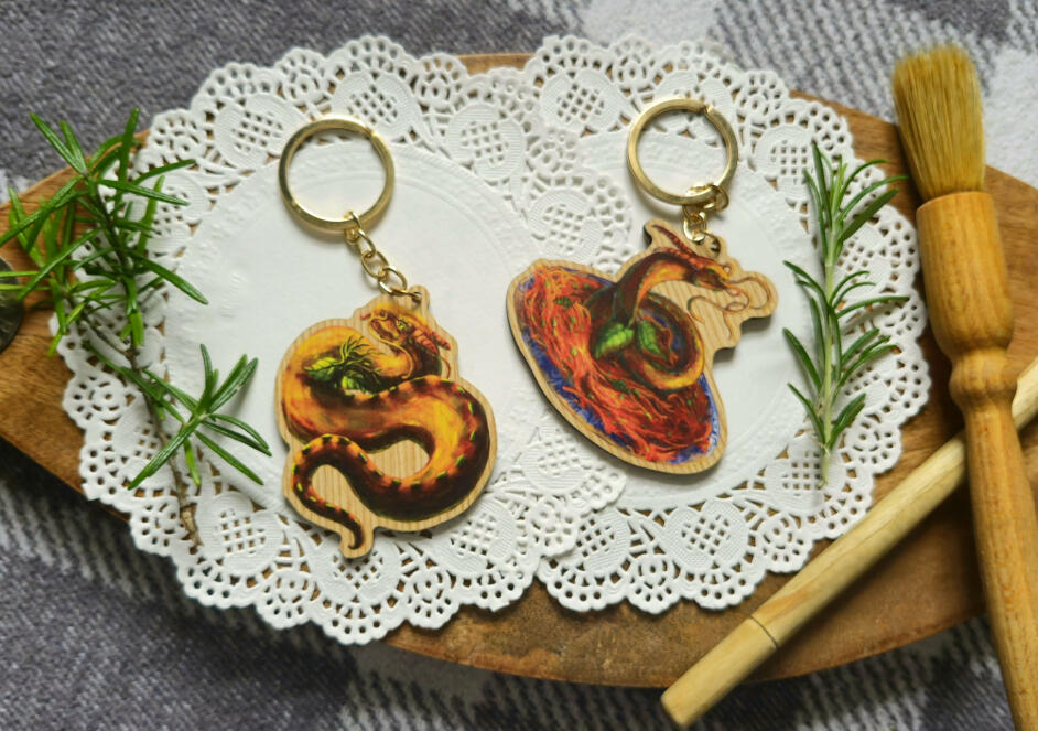 Baby and regular Spaghetti dragon printed on wood for keychains