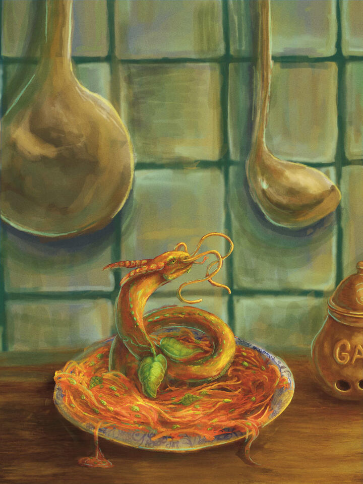 Spaghetti Dragon: Personal Project. Part of kitchen Dragons line up. Made for Prints.